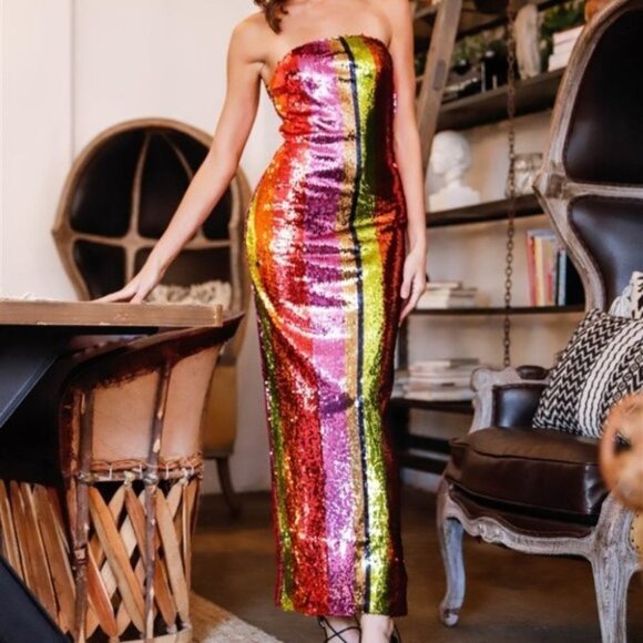 Multi Color Sequin Striped strapless Maxi Dress - Picture 4 of 7